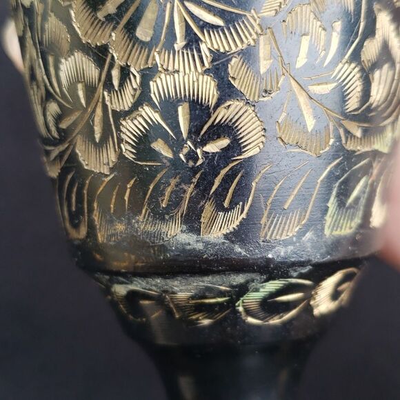 Set of 2 Vintage Brass Vases Gold Etching Hand Painted - Picture 13 of 13